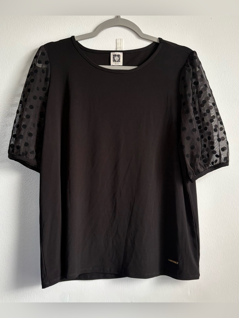 Anne Klein Black Crew Neck Polka Dot Puff Short Sleeve Stretch Blouse Women’s L